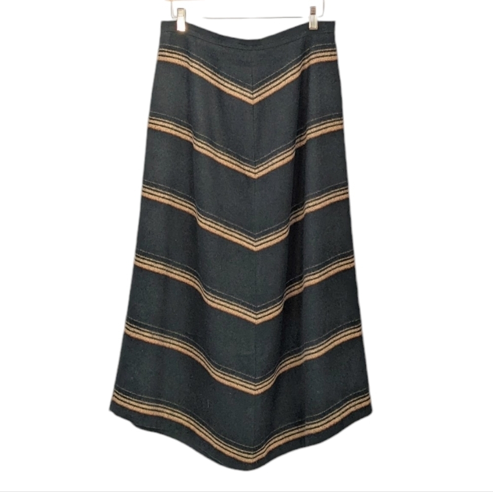 Vintage wool blend v shaped striped dark green brown midi skirt size 12 t1